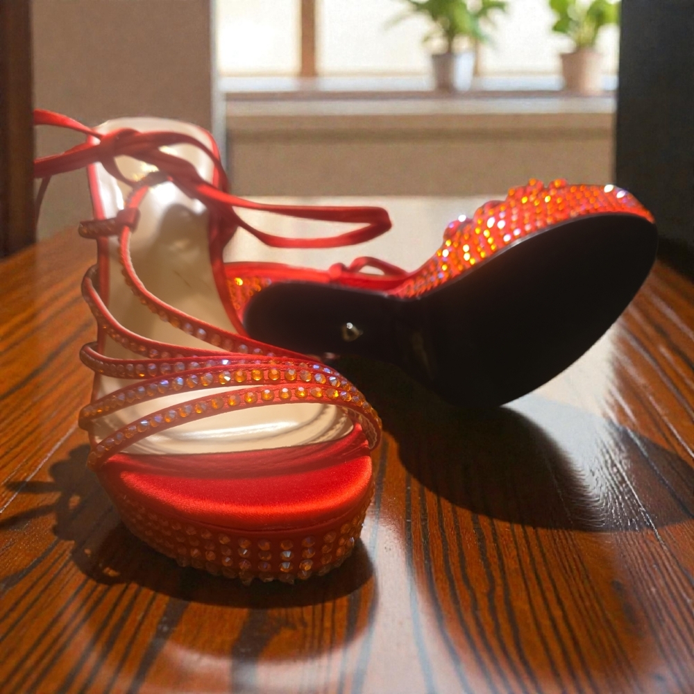 Thalia Sodi‎ Red Strappy Heels with Rhinestones - Picture 6 of 6